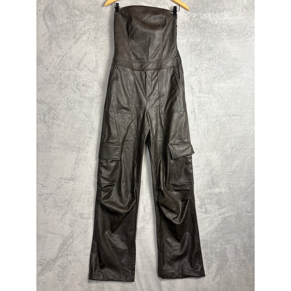 Zara Faux Leather Strapless‎ Cargo Utility Jumpsuit Brown Size M Baddie Grunge